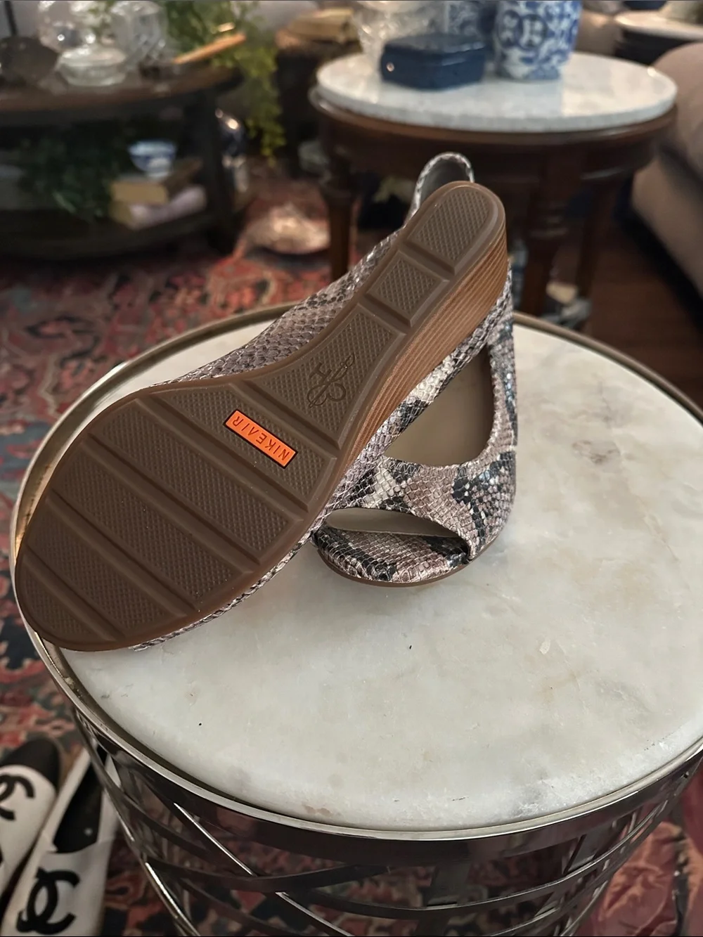 Cole Haan Taupe and Black Python-Print Peep-Toe Wedge Pumps